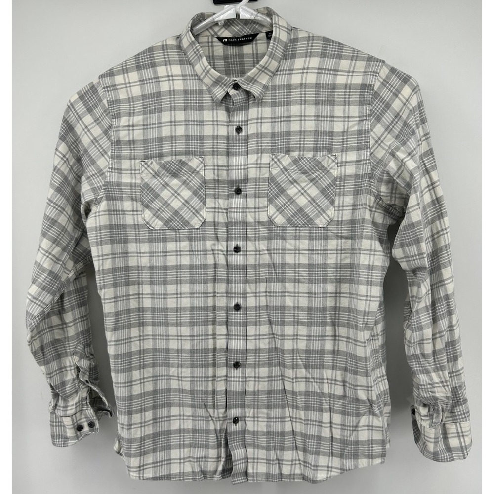 Travis Mathew Long Sleeve Gray And White Plaid Shirt Cotton Rayon Men's XL